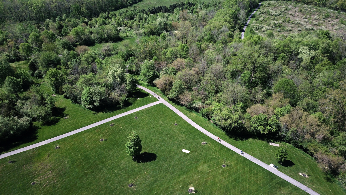 Aerial view of Evergreen Park showing green space, walking paths, and recreational areas in Huntington, Indiana