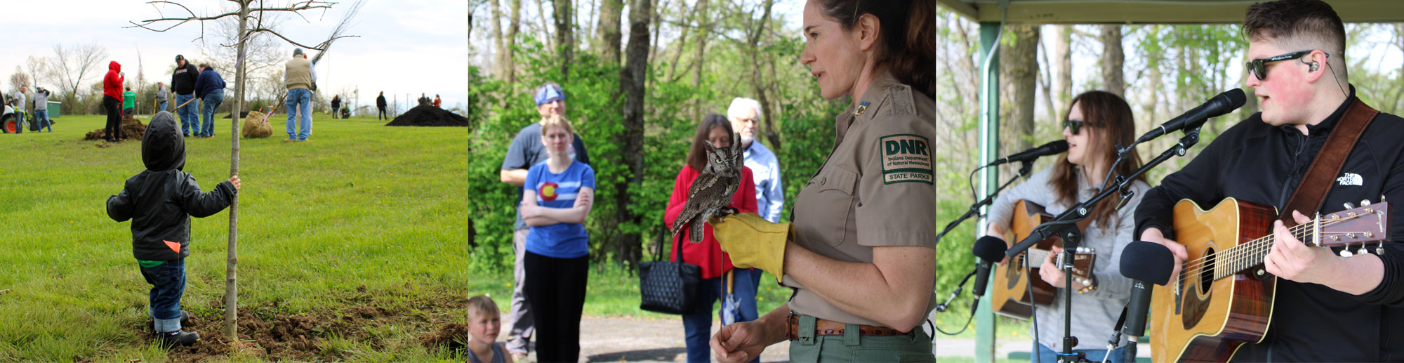 Child standing by tree seedling; Woman presenting a birds of prey demonstration; two musicians playing guitars