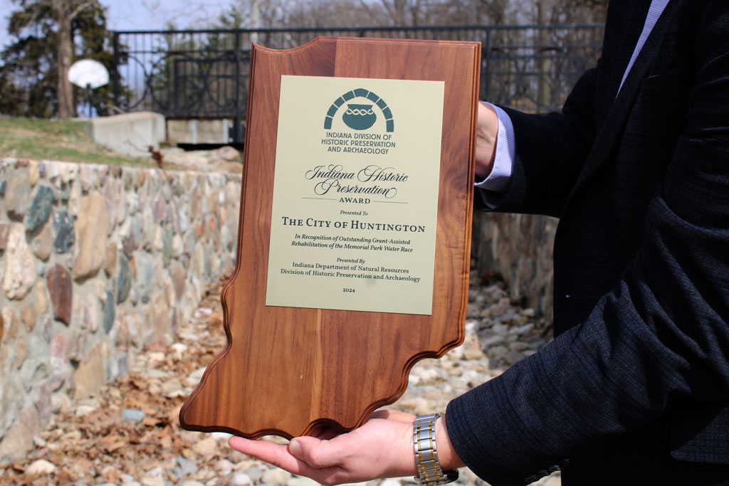 A photo of an Indiana Historic Preservation Award plaque