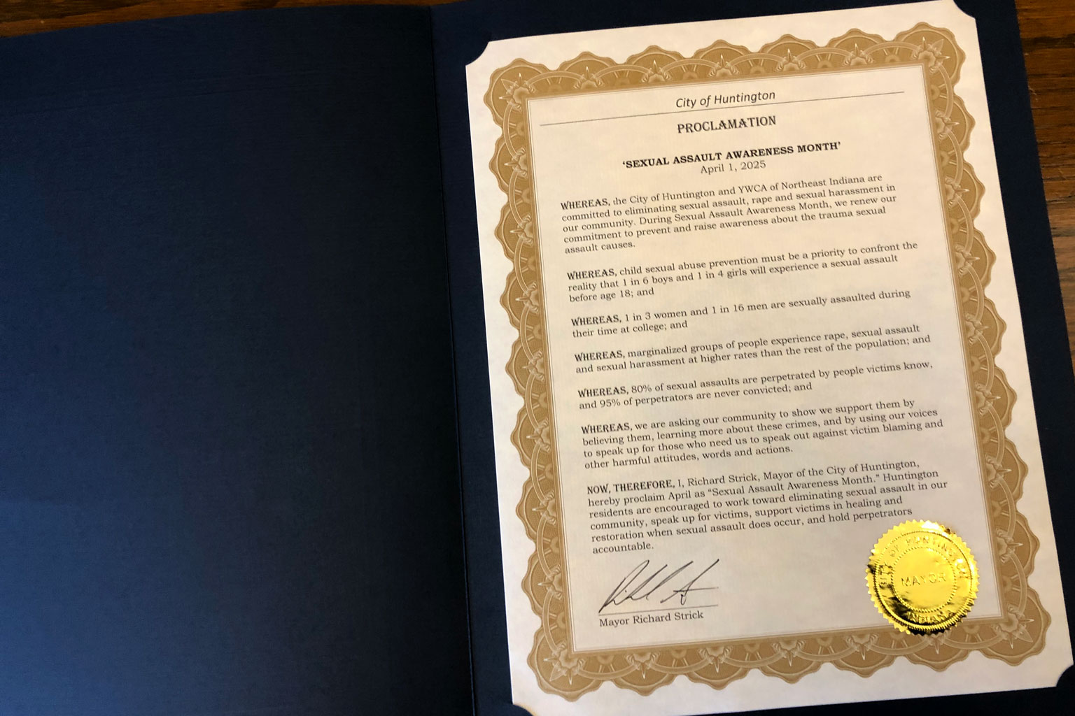 A photo of the Sexual Assault Awareness Month proclamation