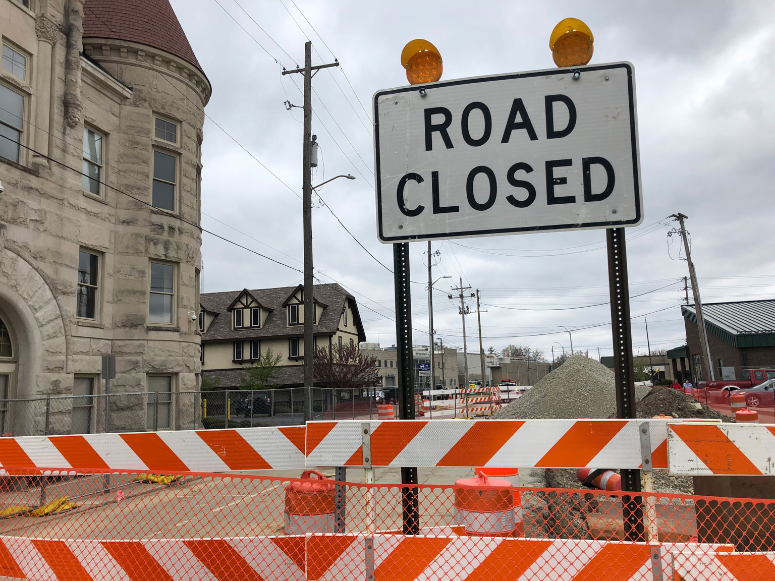 A road closed sign at the Market and Cherry streets intersection in downtown Huntington, Indiana.