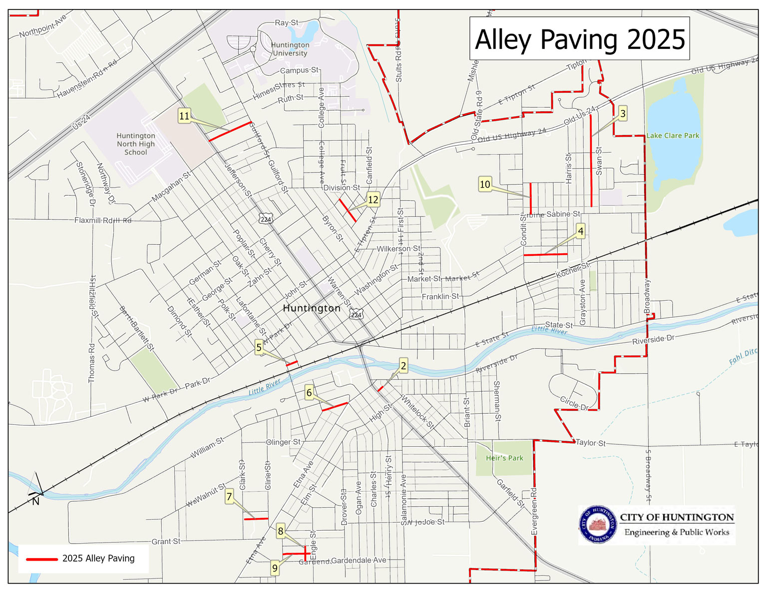 A map showing alleys included in 2025 street and alley paving project.