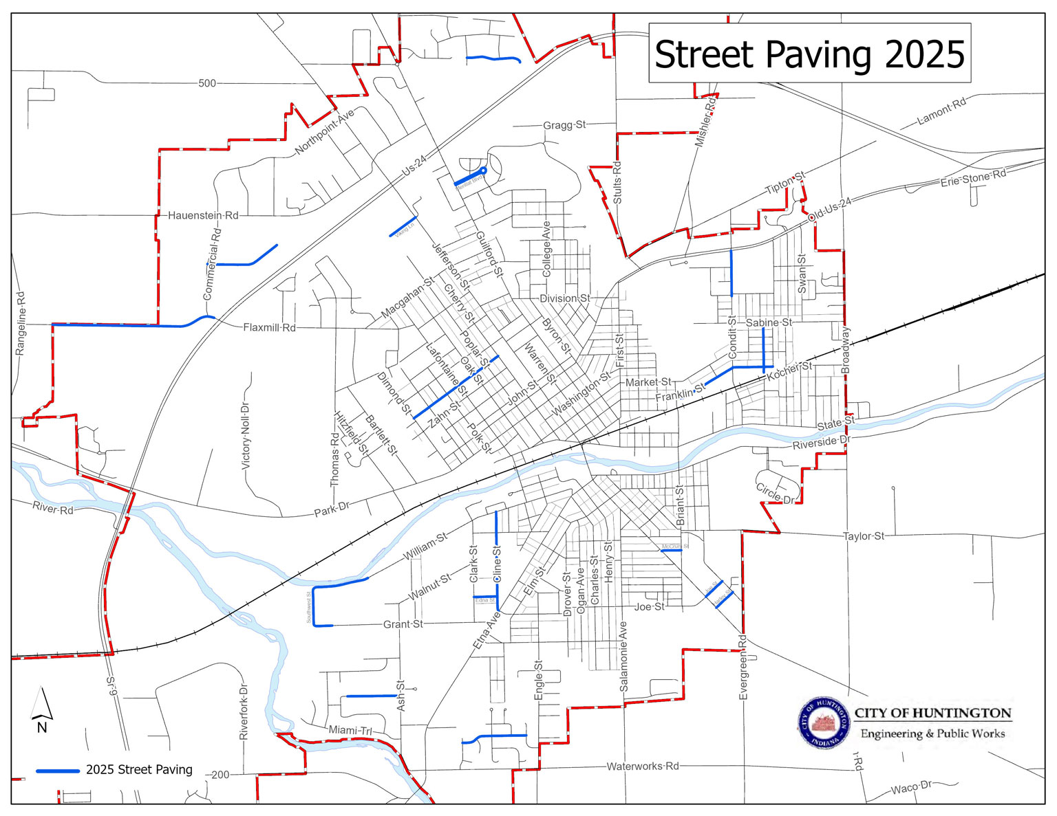 A map showing streets in 2025 street and alley paving project