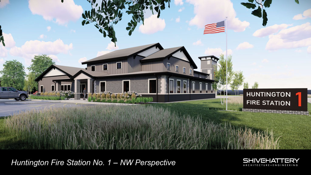 A rendering of a potential new Fire Station 1 on Flaxmill Road from a northwest perspective.