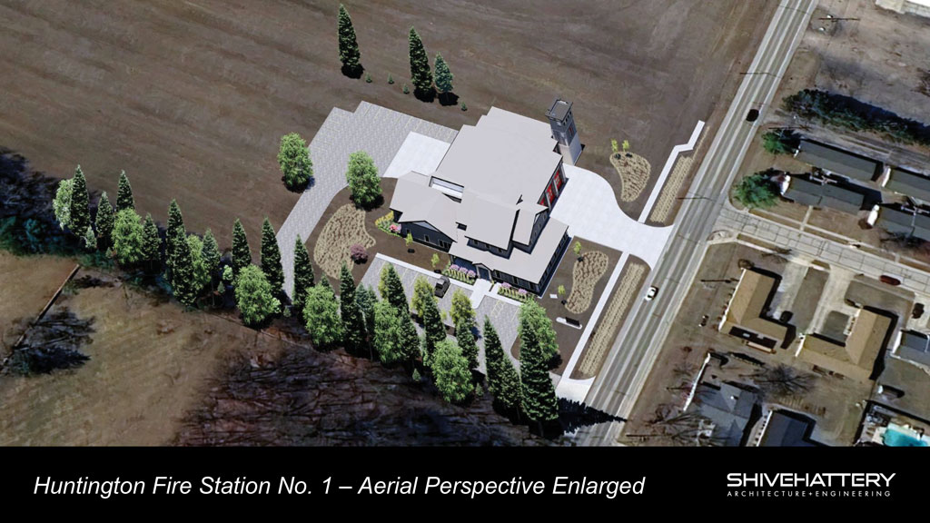 A rendering from a overhead perspective of a potential new Fire Station 1 on Flaxmill Road.