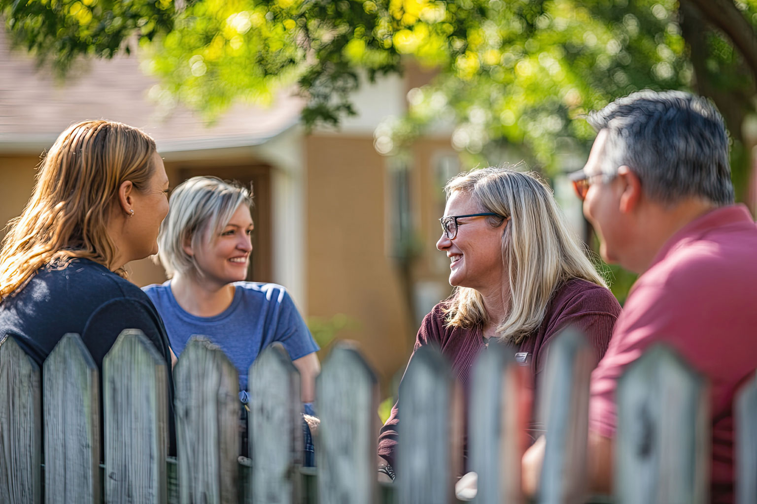 A group of neighbors smiling and chatting