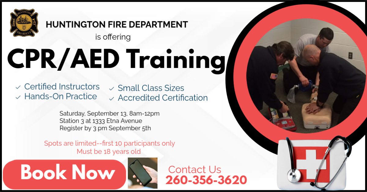 Flyer advertising CPR/AED Training on September 13, with date, time, and registration details
