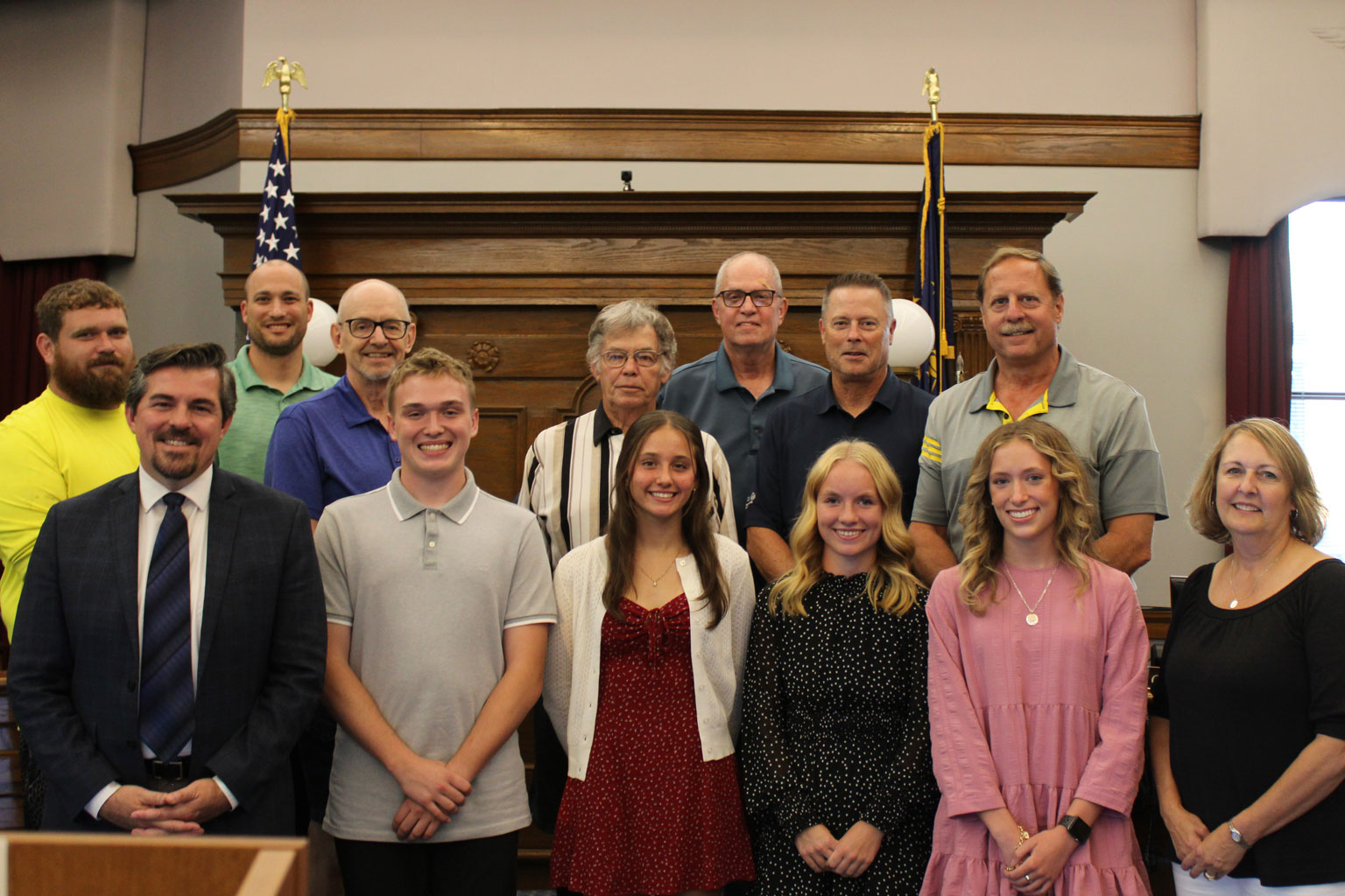 Student members of That Viking Thing youth leadership council pose with Mayor Richard Strick, Clerk-Treasurer Christi McElhaney, and Huntington City Councilmembers.