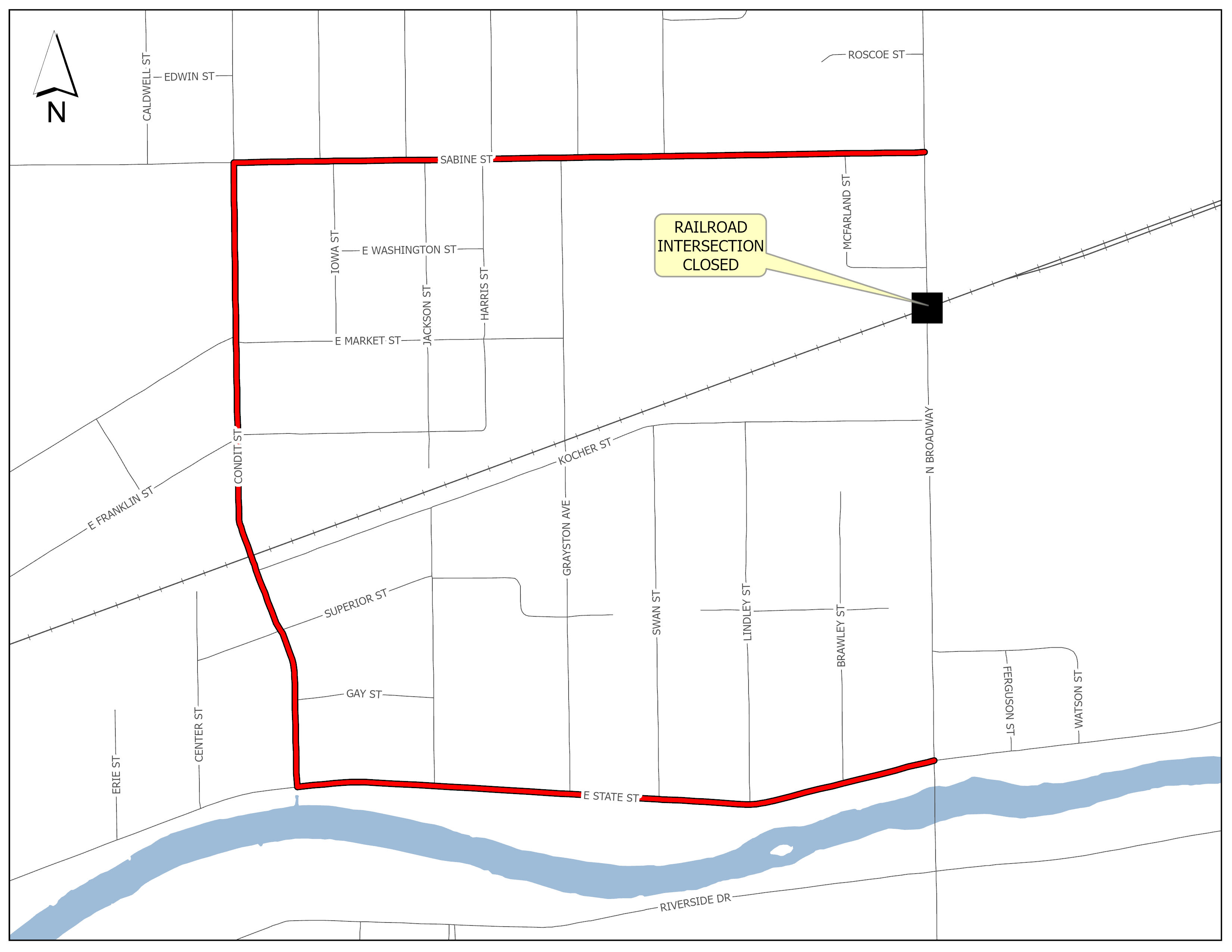 Detour route map for the Broadway Street railroad crossing closure. Includes marked alternative roads and direction arrows to guide traffic flow.