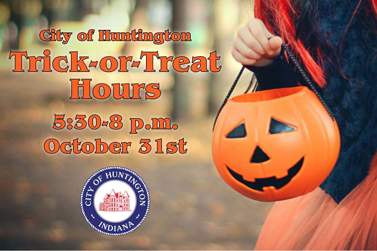 A Halloween trick-or-treat event in Huntington with the scheduled hours for 2025 displayed: 5:30 to 8 p.m. on October 31.