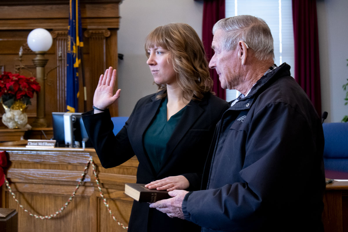 Patrol officer recruit Brianna Pepper taking the Oath of Office on December 15, 2025, during a formal ceremony.