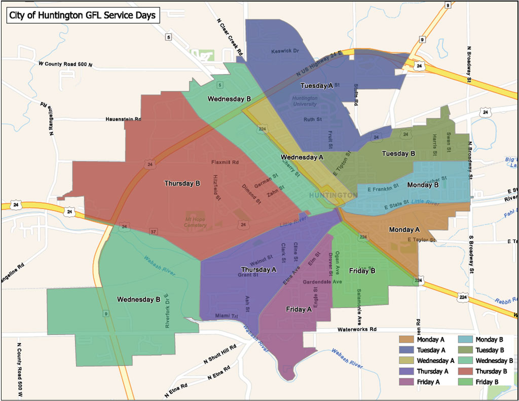Map showing the city divided into trash and recycling collection zones labeled by area.
