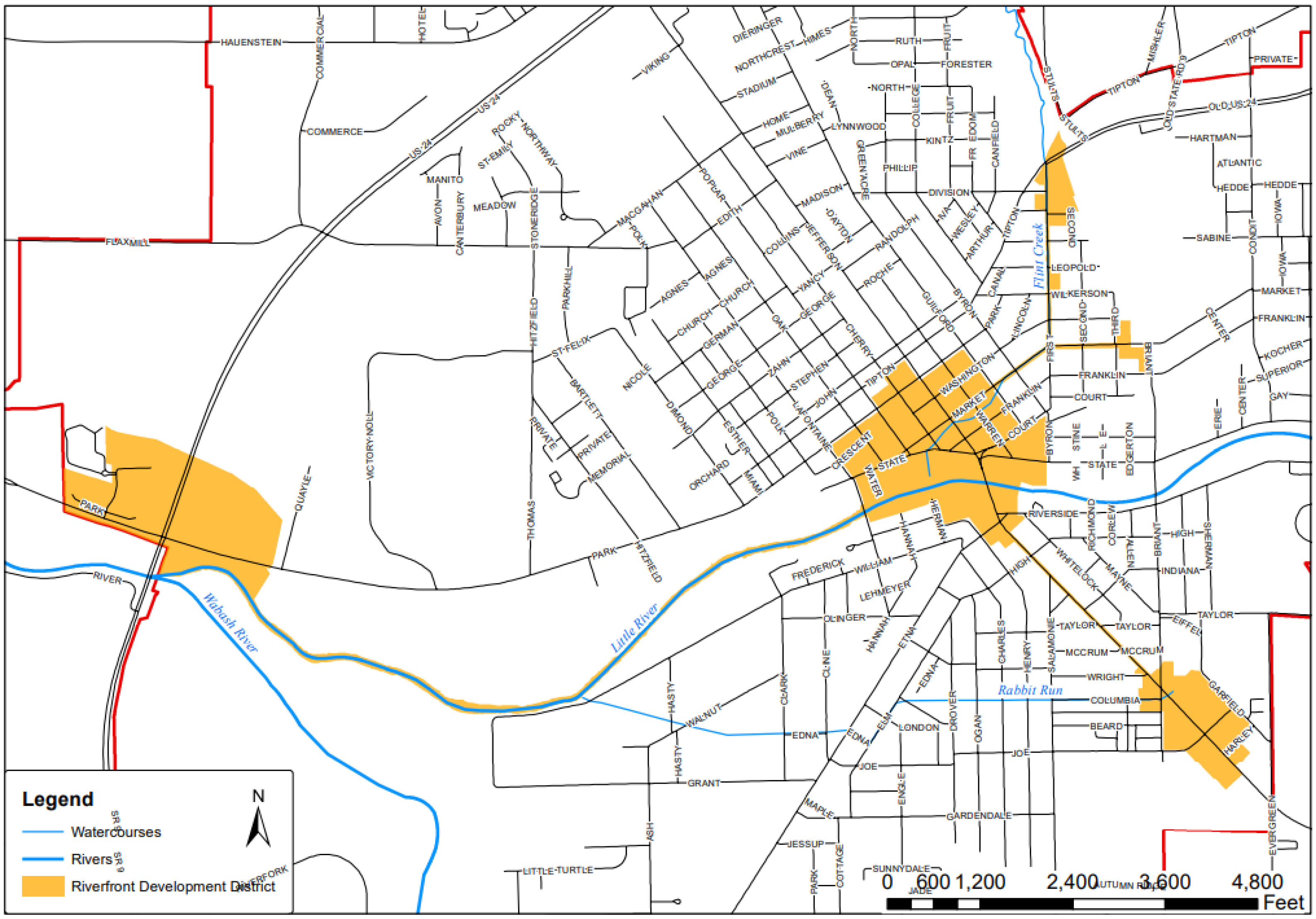 A map showing Huntington, Indiana's Riverfront Development District boundaries in bright yellow.